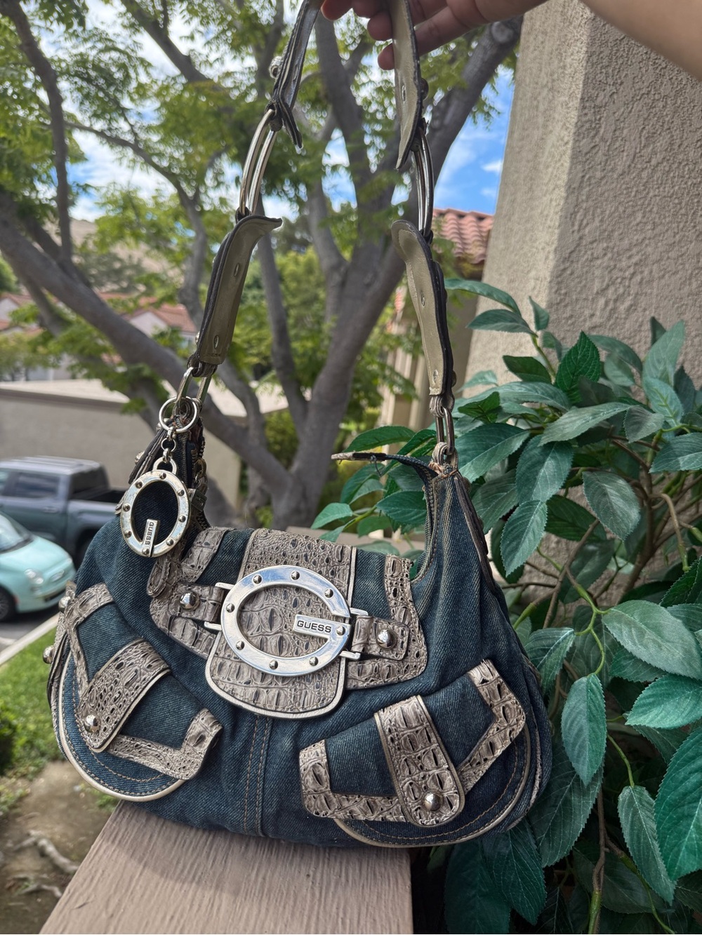 Y2k GUESS Denim and Croc-Trim Shoulder Bag in Blue